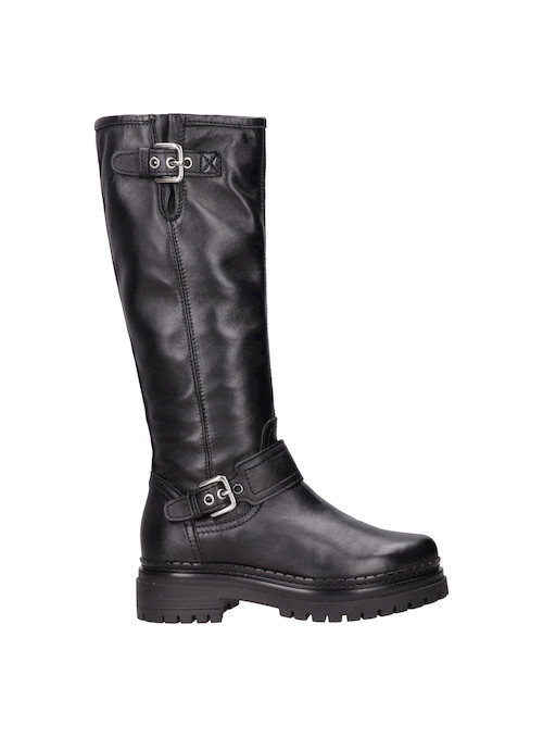 Bota negra de cuero para mujer, detalles metálicos, recomendada para ocasiones informales.