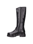 Bota negra de cuero para mujer, estilo urbano, ideal para combinar con jeans ajustados.