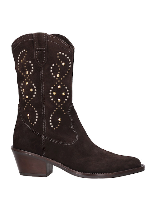 Bota vaquera en tono marrón para mujer, taco bloque de 6 cm, recomendada para salir de noche.