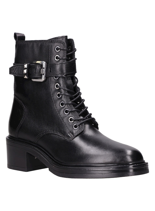 Botines urbanos de cuero negro para mujer, con detalles metálicos y tachas.