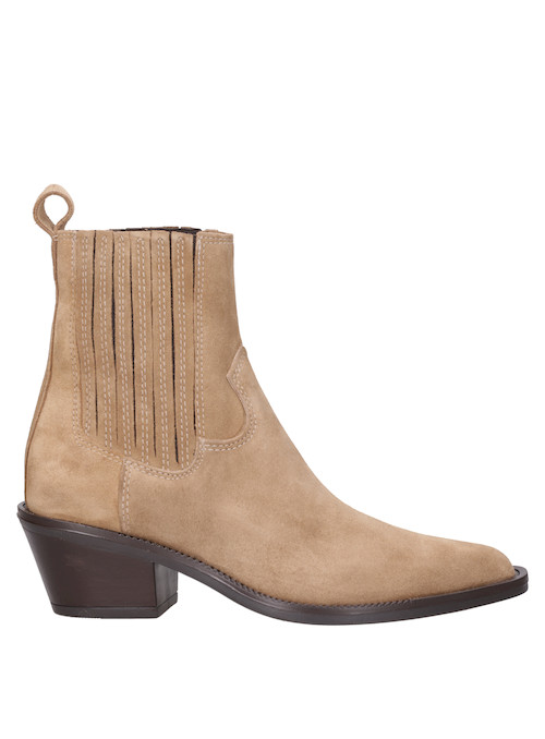Botín de cuero taupe para mujer, punta puntiaguda, recomendado para salidas nocturnas.