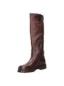 Bota alta marrón de mujer, diseño vanguardista, perfecta para looks con vestidos fluidos.