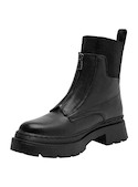 Botín negro de cuero para mujer, estilo urbano con taco bloque de 5.5 cm y detalles metálicos.