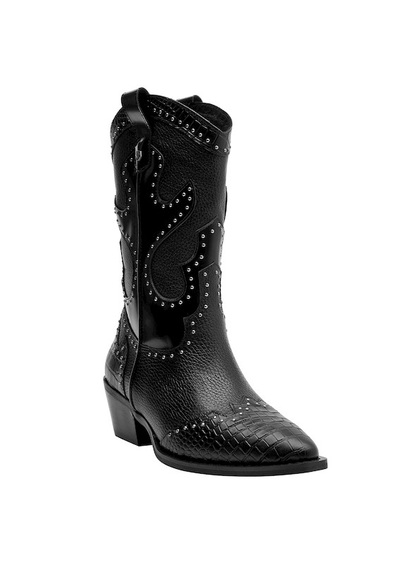 Bota de cuero negro para mujer, ideal para combinar con vestidos fluidos o jeans ajustados.