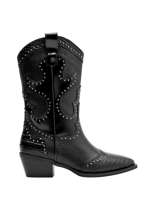 Bota de cuero negro para mujer, ideal para combinar con vestidos fluidos o jeans ajustados.