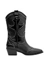 Bota de mujer en cuero negro, destacando su diseño disruptivo y detalles metálicos elegantes.