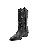 Bota vaquera negra de cuero para mujer con texturas contrastantes y acabados brillantes.
