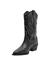 Bota vaquera negra de cuero para mujer con texturas contrastantes y acabados brillantes.