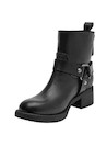 Botín de cuero negro para mujer con taco bloque de 4.5 cm, estilo urbano y detalles metálicos.