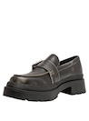 Zapato mocasín negro de cuero para mujer, diseño urbano con taco bloque de 4 cm y punta redonda.