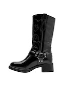 Punta cuadrada y taco bloque de 4.5 cm en botas de cuero negro para mujer, ideal para un look contemporáneo.