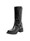 Botas altas de cuero negro para mujer, diseño urbano con acabado brillante y detalles metálicos.