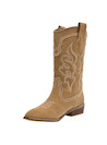 Botas vaqueras de cuero camel para mujer con textura de gamuza y bordados únicos.