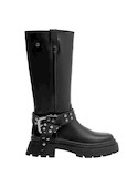 Bota de caña alta en negro, diseñada para un estilo audaz y vanguardista en mujeres.