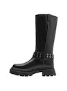 Bota de mujer en cuero negro con acabado brillante, perfecta para combinar con vestidos.
