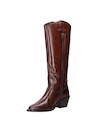 Botas de cuero café para mujer, diseño casual con punta redonda y taco bloque de 6 cm.