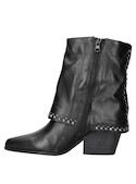 Botín negro de cuero con punta puntiaguda y taco bloque de 7.5 cm, ideal para un look audaz.