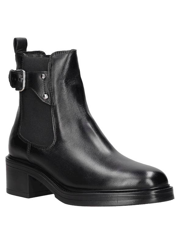 Botín de cuero negro para mujer, destaca por su silueta elegante y detalles metálicos.