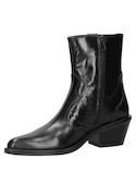 Botín de cuero negro para mujer con puntera puntiaguda y taco bloque de 6 cm, estilo vaquero moderno.