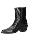 Botín de cuero negro para mujer con puntera puntiaguda y taco bloque de 6 cm, estilo vaquero moderno.