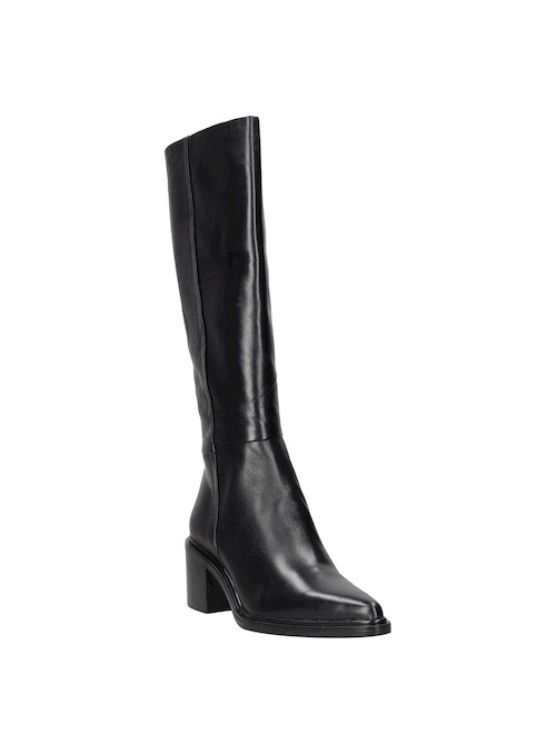 Bota casual de cuero negro para mujer, perfecta para combinar con vestidos de cuero o jeans ajustados.