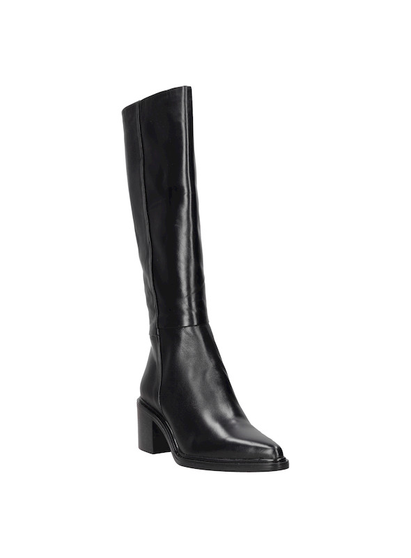 Bota casual de cuero negro para mujer, perfecta para combinar con vestidos de cuero o jeans ajustados.