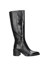 Bota alta negra de cuero para mujer, ideal para un look audaz y poderoso en cualquier ocasión.
