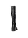 Bota negra de cuero para mujer, diseño vanguardista con acabados suaves y brillantes.