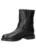 Botín negro de cuero para mujer, estilo urbano con hebillas metálicas y punta redonda.