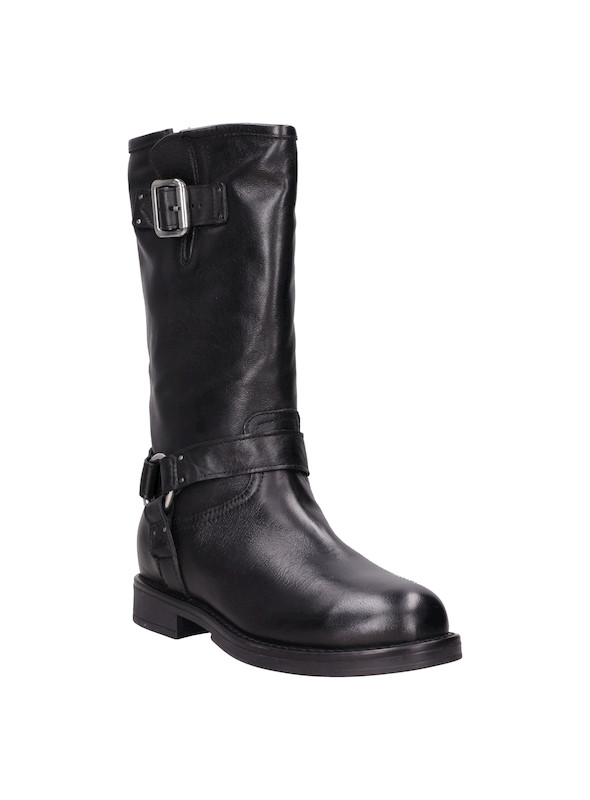 Bota negra de cuero para mujer, perfecta para combinar con jeans ajustados o vestidos asimétricos.