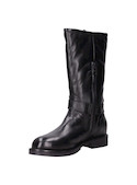 Bota urbana de cuero negro para mujer con diseño robusto y acabado brillante.