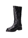 Bota urbana de cuero negro para mujer con diseño robusto y acabado brillante.