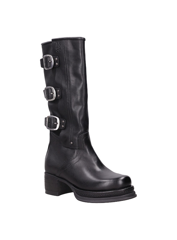 Bota de cuero negro para mujer con acabado sofisticado, ideal para un estilo potente.