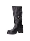 Bota alta de cuero negro para mujer, estilo urbano con detalles metálicos y punta redonda.