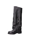 Bota alta negra de cuero para mujer, estilo urbano con taco bloque de 3 cm y acabados metálicos.