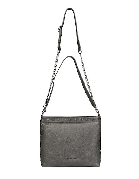 Tote bag casual en acero, con textura única y un bolsillo con cierre para mayor seguridad.