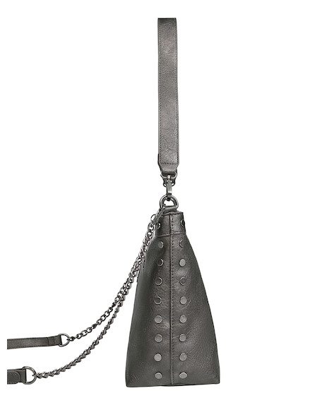Tote bag de estilo casual en color acero, con cadena metálica y tres bolsillos funcionales.
