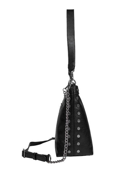 Tote bag negra de mujer con correa ajustable y cadena metálica, ideal para uso diario.