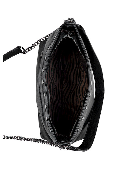 Tote bag negra de mujer con textura PU, diseño casual y detalles de tachas metálicas.