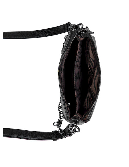 Bandolera negra de mujer con textura graneada, ideal para fiestas y ocasiones elegantes.