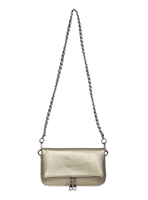 Bandolera de PU con textura en color oro, ideal para fiestas, diseñada para mujeres elegantes.