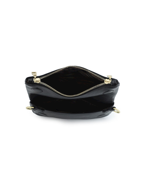 Bandolera negra de mujer en PU texturizado, ideal para fiestas, con detalles metálicos y correa ajustable.