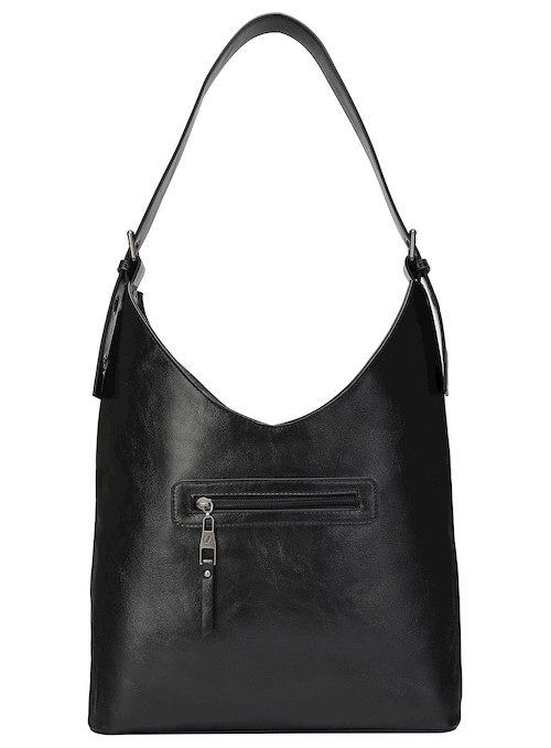 Tote bag negra de mujer con textura suave, combina funcionalidad y elegancia casual.