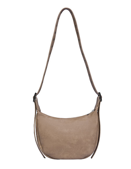 Vista de la correa ajustable de la bandolera beige, ideal para un ajuste personalizado y cómodo.