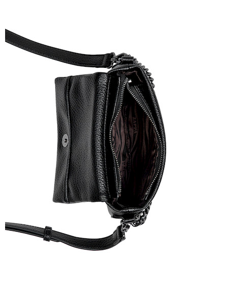 Bandolera negra de mujer con textura PU, ideal para fiestas, con diseño compacto y elegante.