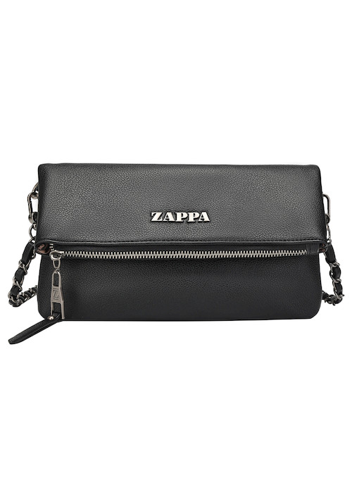 Ángulo superior de la bandolera Zappa negra, enfocando el cierre imán y detalles metálicos.