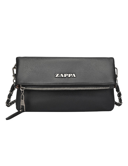 Ángulo superior de la bandolera Zappa negra, enfocando el cierre imán y detalles metálicos.