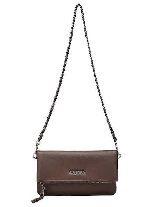Bandolera café Zappa de mujer con acabado graneado y correa metálica extraíble.