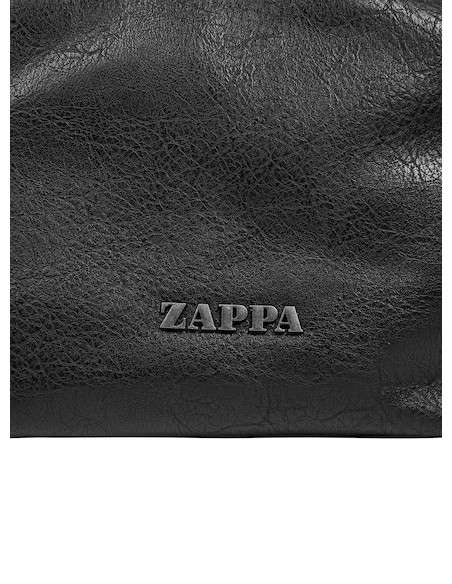 Vista lateral de la bandolera negra Zappa mostrando sus tres bolsillos y cierre metálico.
