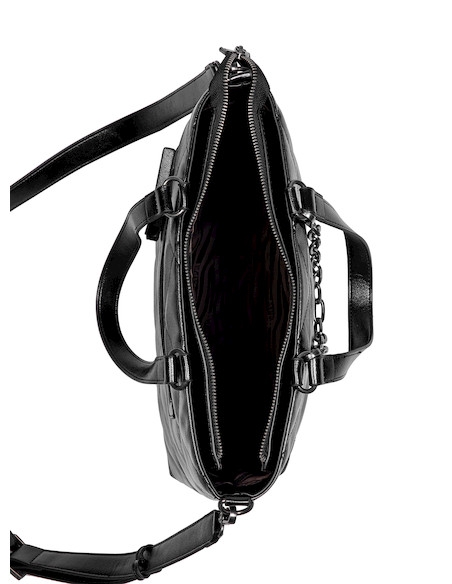 Bandolera negra casual para mujer, diseño acolchado con textura brillante y cierre metálico.